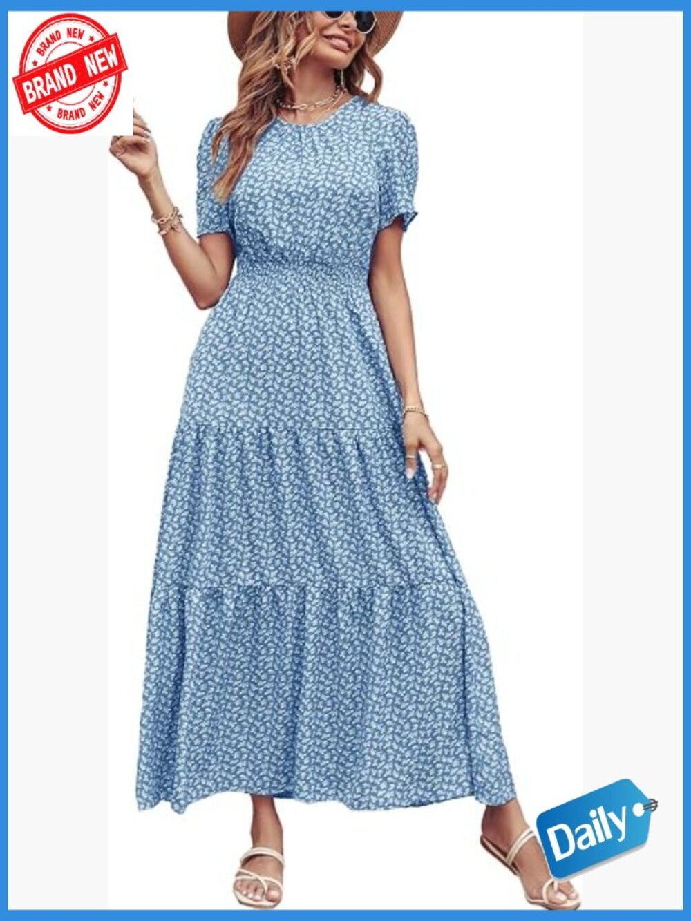 Flutter Sleeve Smocked Waist Tiered Boho Flowy Maxi Dress